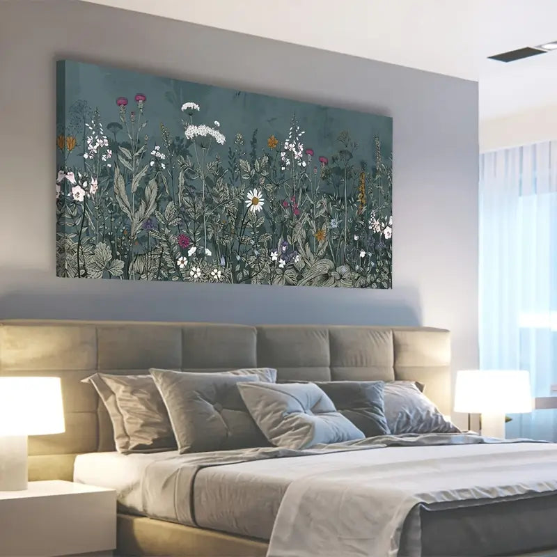 Botanical Dusty Blue Meadow Nature Wall Art canvas office home room framed 120x60cm