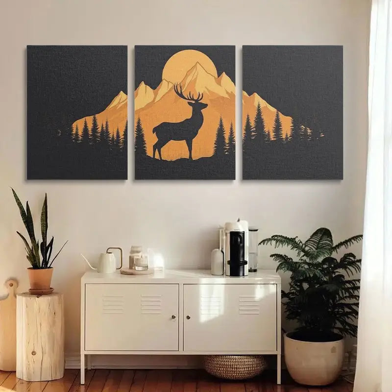 3pcs Majestic Deer Silhouette with Mountain & Forest Metal Print Ready to Hang Art