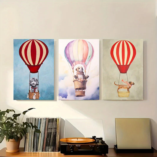 3pcs Dog Hot Air Balloon Colorful Classic Design Metal Print Ready to Hang Art