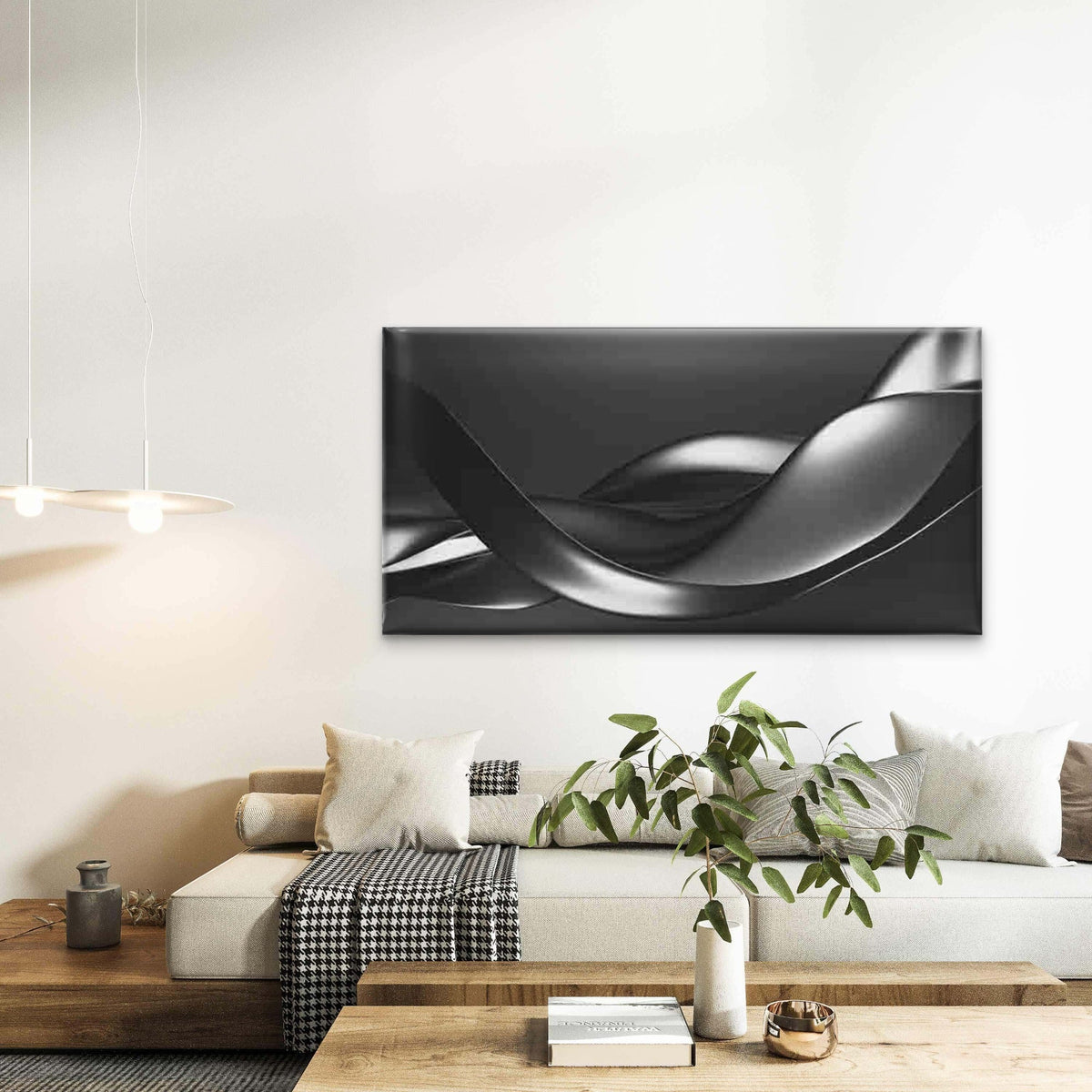 Abstract Black And White Wave Wall Art Canvas Office Home Room Framed 80x45cm