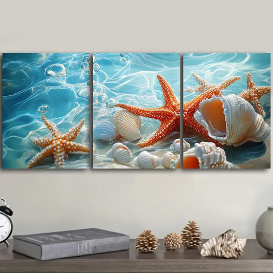 3pcs Chic Sea Shells & Starfish Metal Print Ready to Hang Art