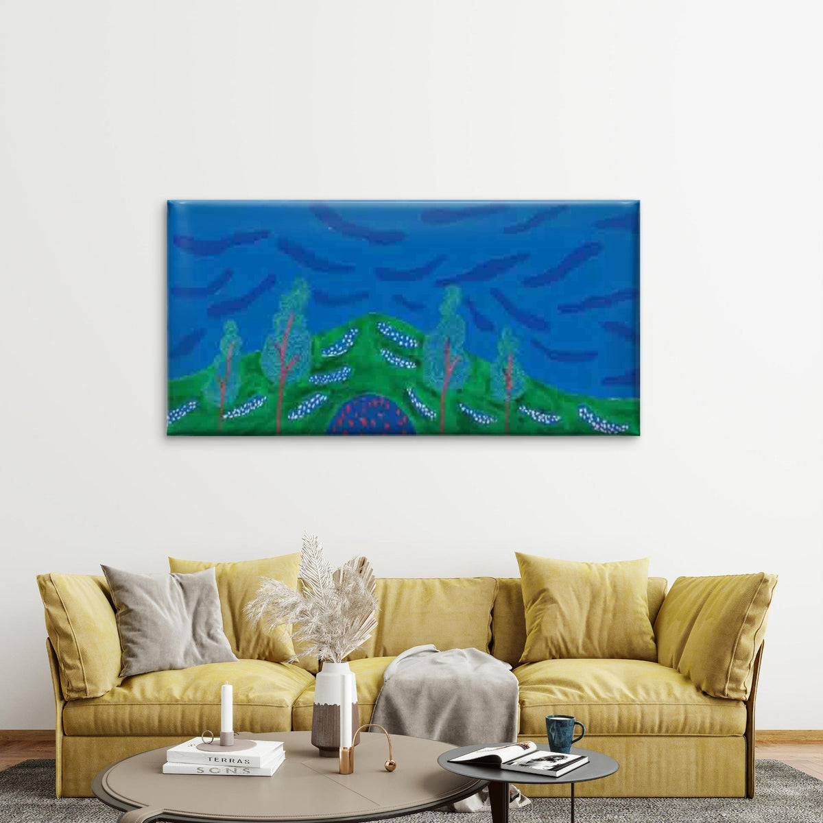 Abstract Landscape with a Blue Wall Art Canvas Office Home Room Framed 80x45cm