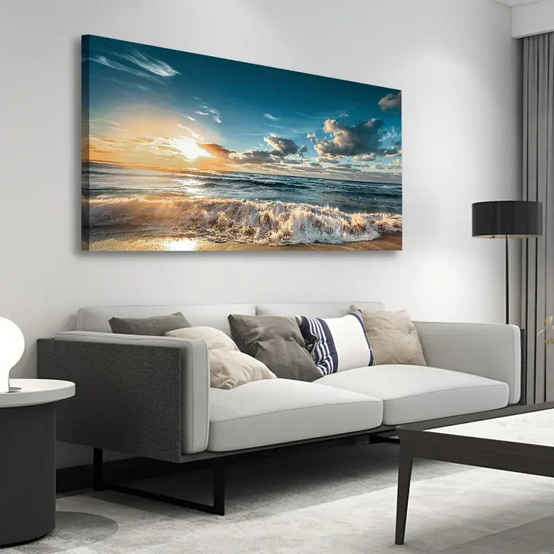 Sunset Beach Blue Ocean Nature Wall Art canvas office home room framed 120x60cm