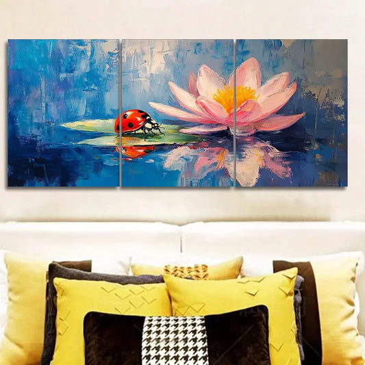 3pcs Ladybug & Water Lily Painting Metal Print Ready to Hang Art