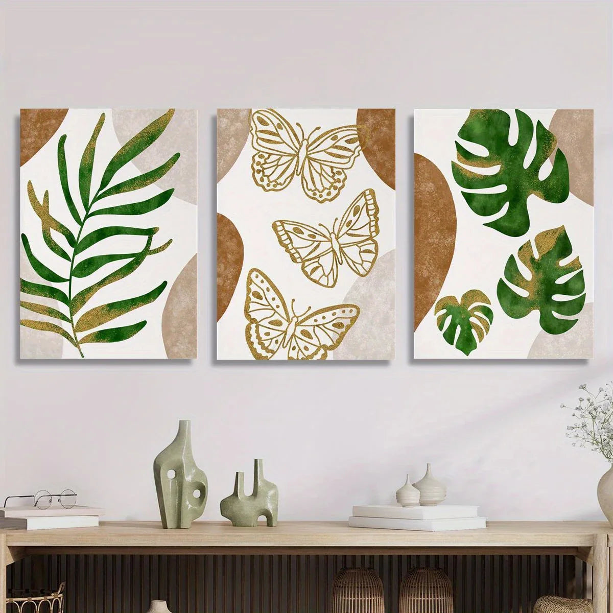 3pcs Palm Leaf, Butterfly Design in Beige, White, and Green Metal Print Ready to Hang Art