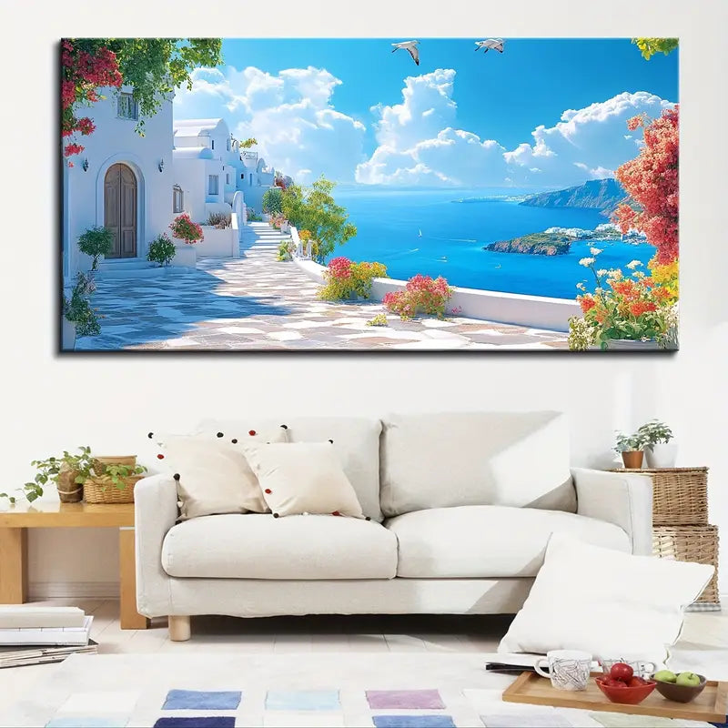 Santorini Seascape Artwork wall canvas office home room framed 120x60cm