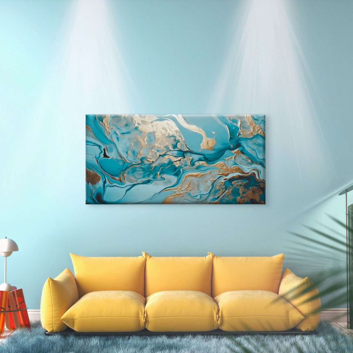 Aqua Gold Watercolor Effect Luxury Wall Art Canvas Office Home Framed 80x45cm