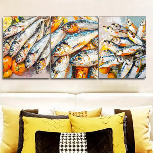 3pcs Featuring a Detailed View of Sardines on a Table Metal Print Ready to Hang Art