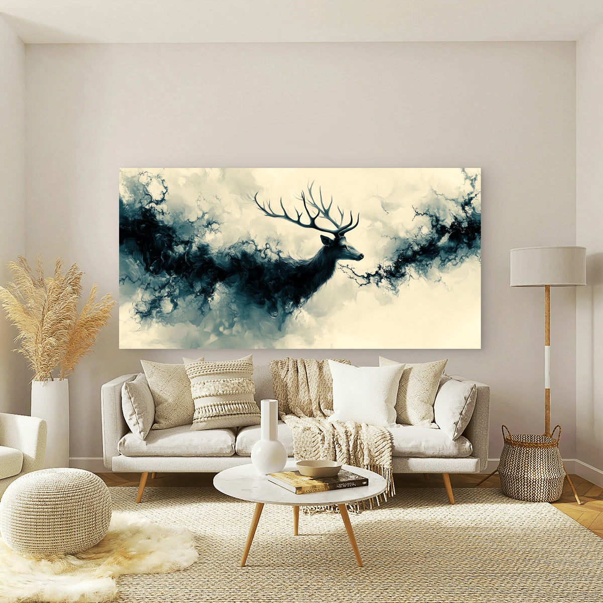 Majestic Stag In Swirling Cloud Wall Art Canvas Office Home Room Framed 80x45cm