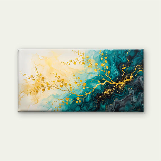 Abstract Gold Branches Teal Fluid Art Swirls Wall Art Canvas Office Home Room Framed 80x45cm