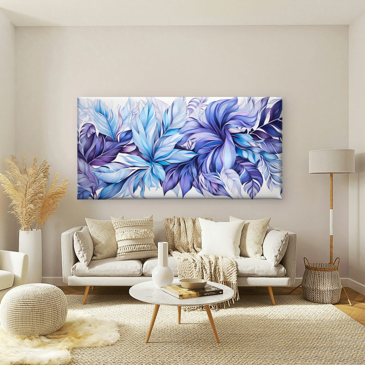 Blue Purple Leaf Design Wall Art Canvas Office Home Room Framed 80x45cm