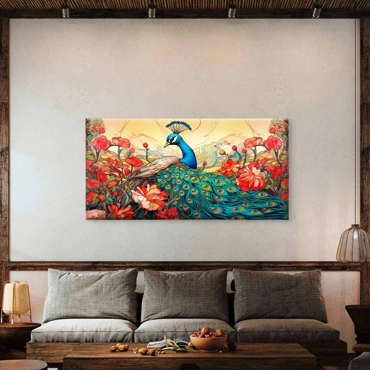 Peacock India Bird Red Flowers Wall Art Canvas Office Home Room Framed 80x45cm