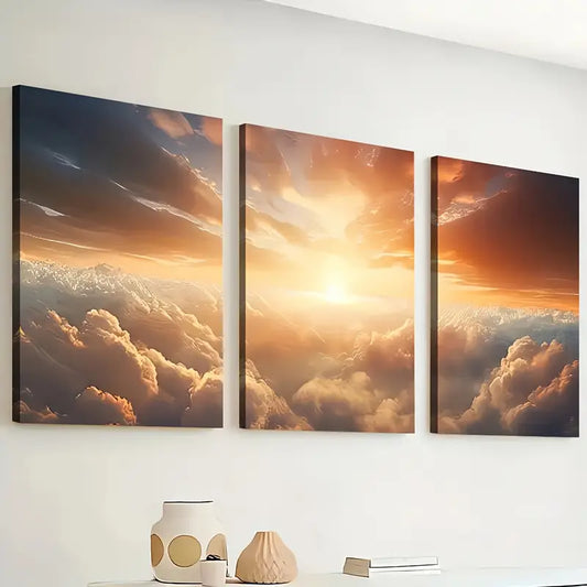 3pcs Modern Sky Cloud Golden Sunrise Wall Art Set Canvas Framed 40x60cm - High Quality Print 100% Australian Made Wall Canvas Ready to Hang