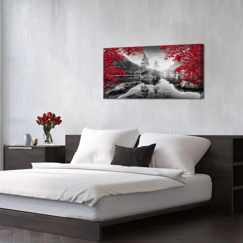 Autumn Forest Black White & Red Wall Art canvas office home room framed 120x60cm