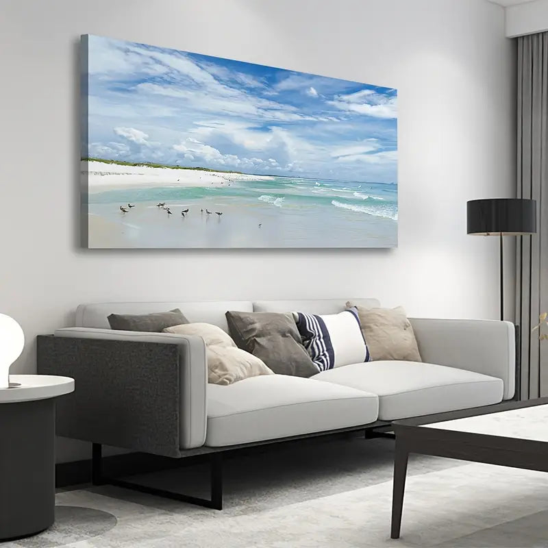 Aqua Ocean Seascape Beach Coastal Seagulls Wall Art canvas office home room framed 80x45cm
