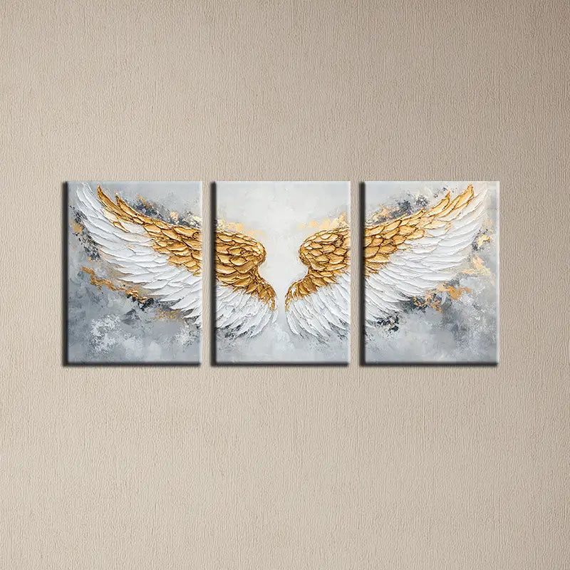 3pcs Abstract White Wings Golden Feather Design Metal Print Ready to Hang Art