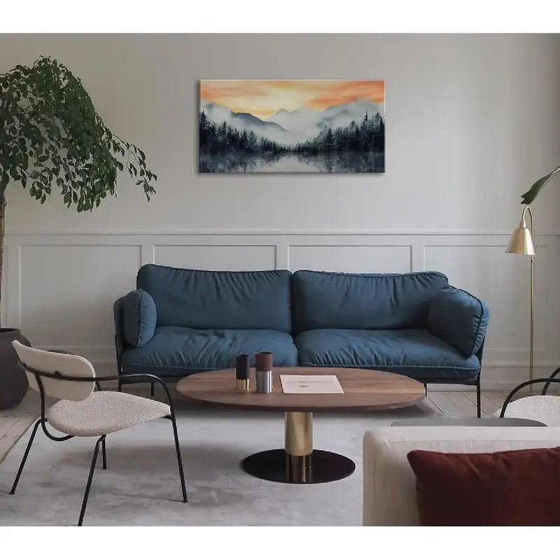 Forest Sunset Mountain Foggy Trees Wall Art canvas office home room framed 120x60cm