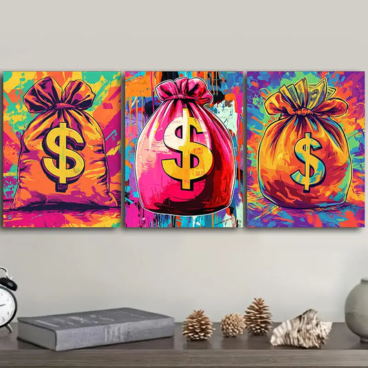 3pcs Dollar Sign Money Bag Metal Print Ready to Hang Art