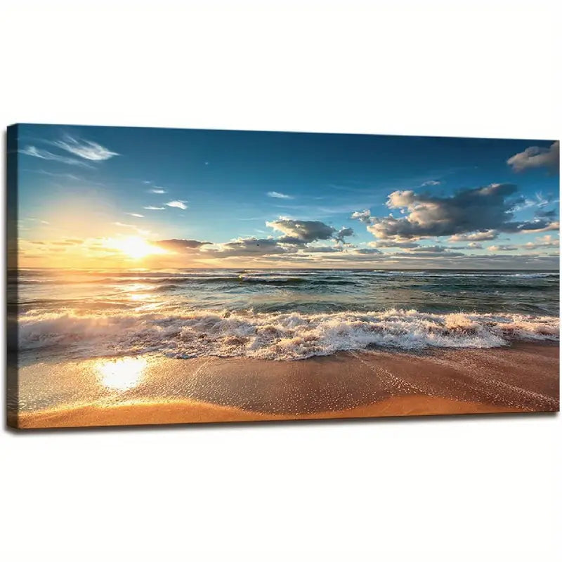 Beach Sunset Ocean Coastal White Clouds Wall Art canvas office home room framed 120x60cm