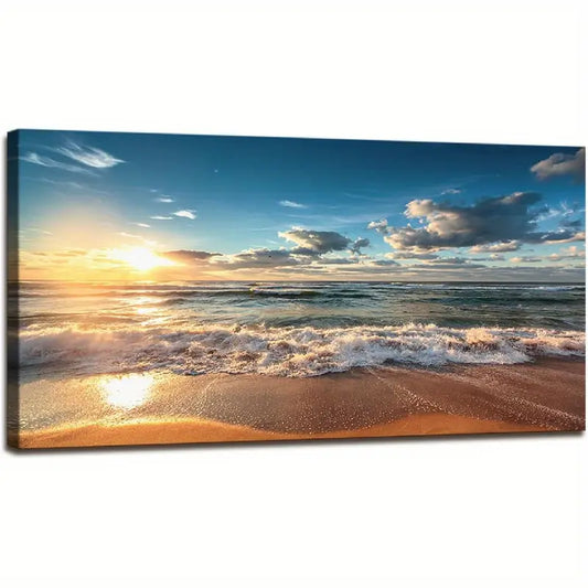 Beach Sunset Ocean Coastal White Clouds Wall Art canvas office home room framed 120x60cm