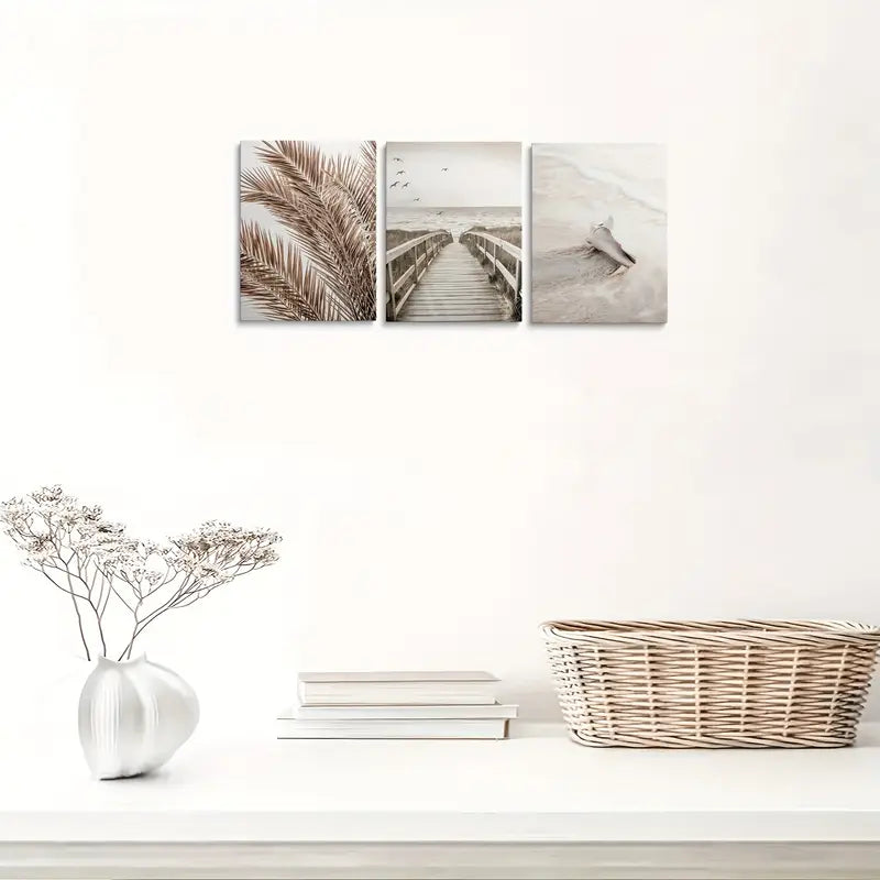 3pcs Bohemian Beige Trestle & Seaside Nordic Metal Print Ready to Hang Art