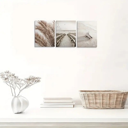 3pcs Bohemian Beige Trestle & Seaside Nordic Metal Print Ready to Hang Art