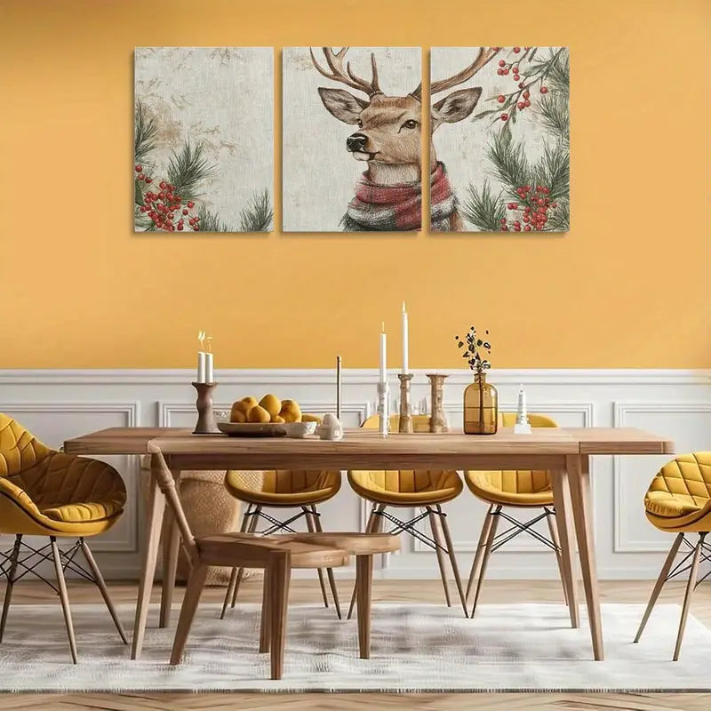 3pcs Winter Scene & Scarf Design Classic Deer Metal Print Ready to Hang Art