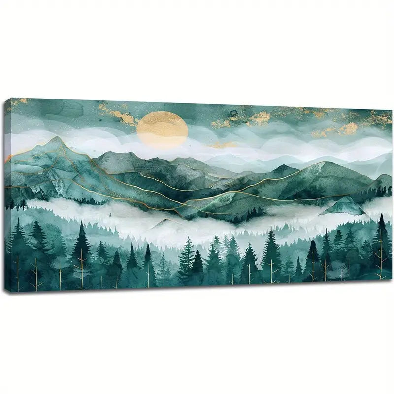 Abstract Forest Pine Trees & Golden Sun Wall Art canvas office home room framed 120x60cm