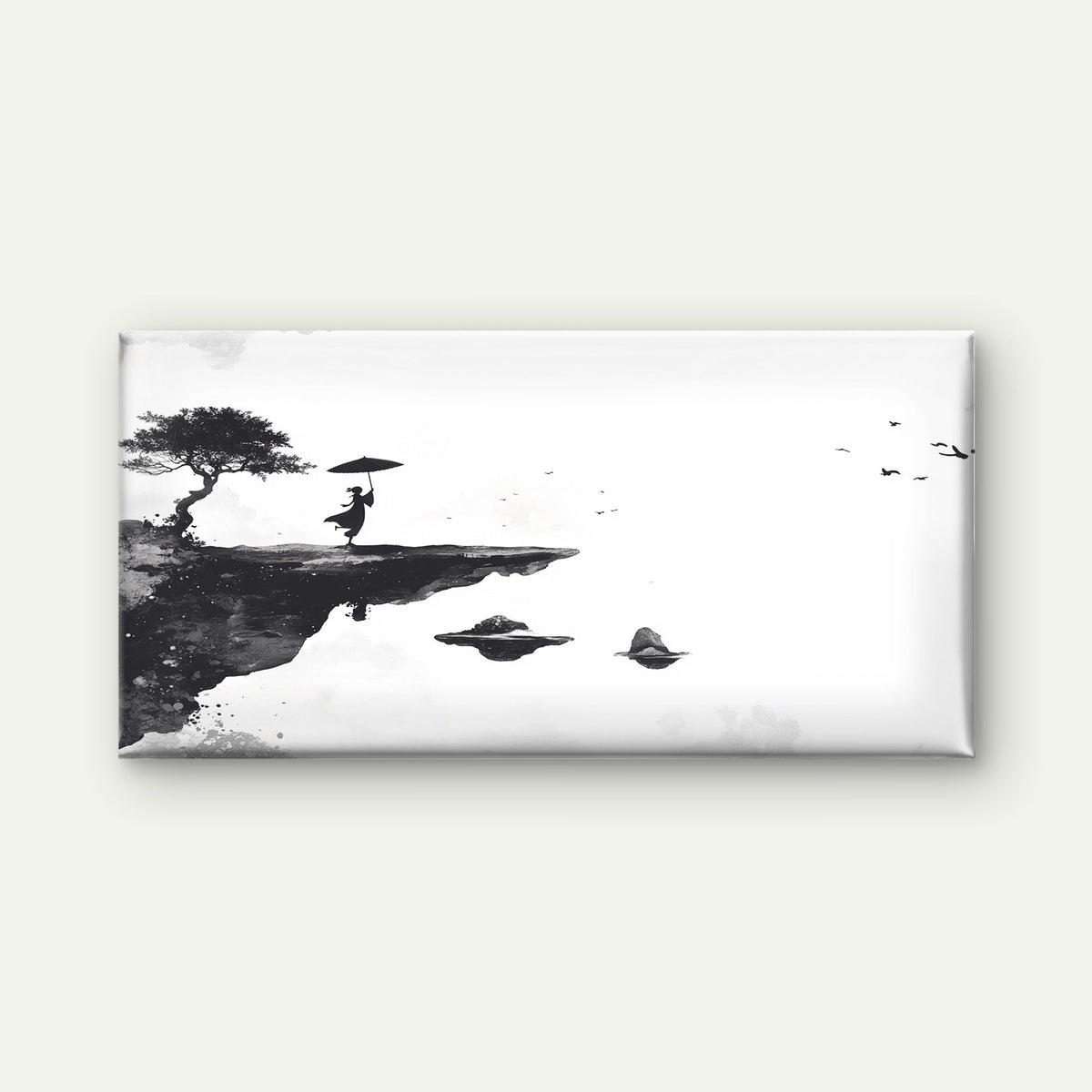 Zen Ink Cliffside Silhouette Wall Art Canvas Office Home Room Framed 120x60cm