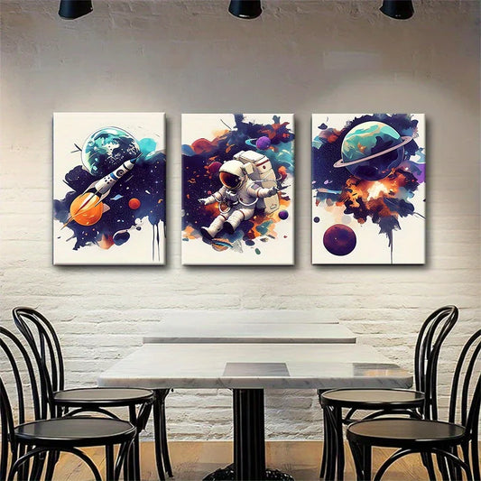 3pcs Vibrant Space Exploration Colorful Astronauts, Rockets Metal Print Ready to Hang Art