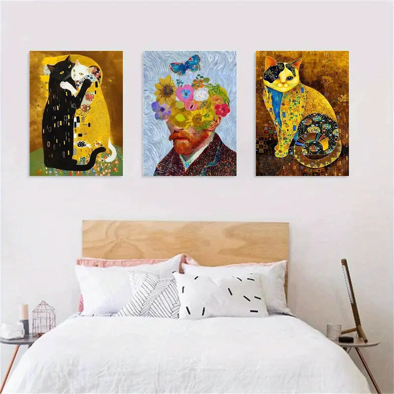 3pcs  Vintage Animal Print, Funny Cat Hugging, Abstract Metal Print Ready to Hang Art
