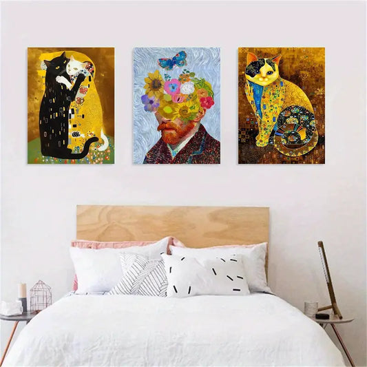 3pcs  Vintage Animal Print, Funny Cat Hugging, Abstract Metal Print Ready to Hang Art
