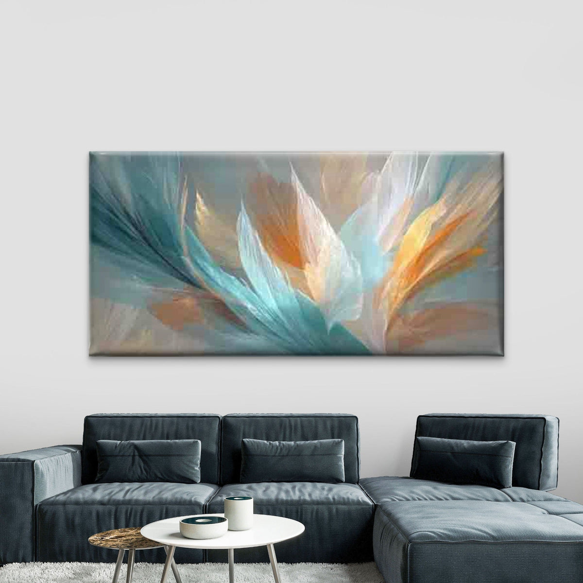 Teal Golden Leaf Pattern Wall Art Canvas Office Home Room Framed 80x45cm