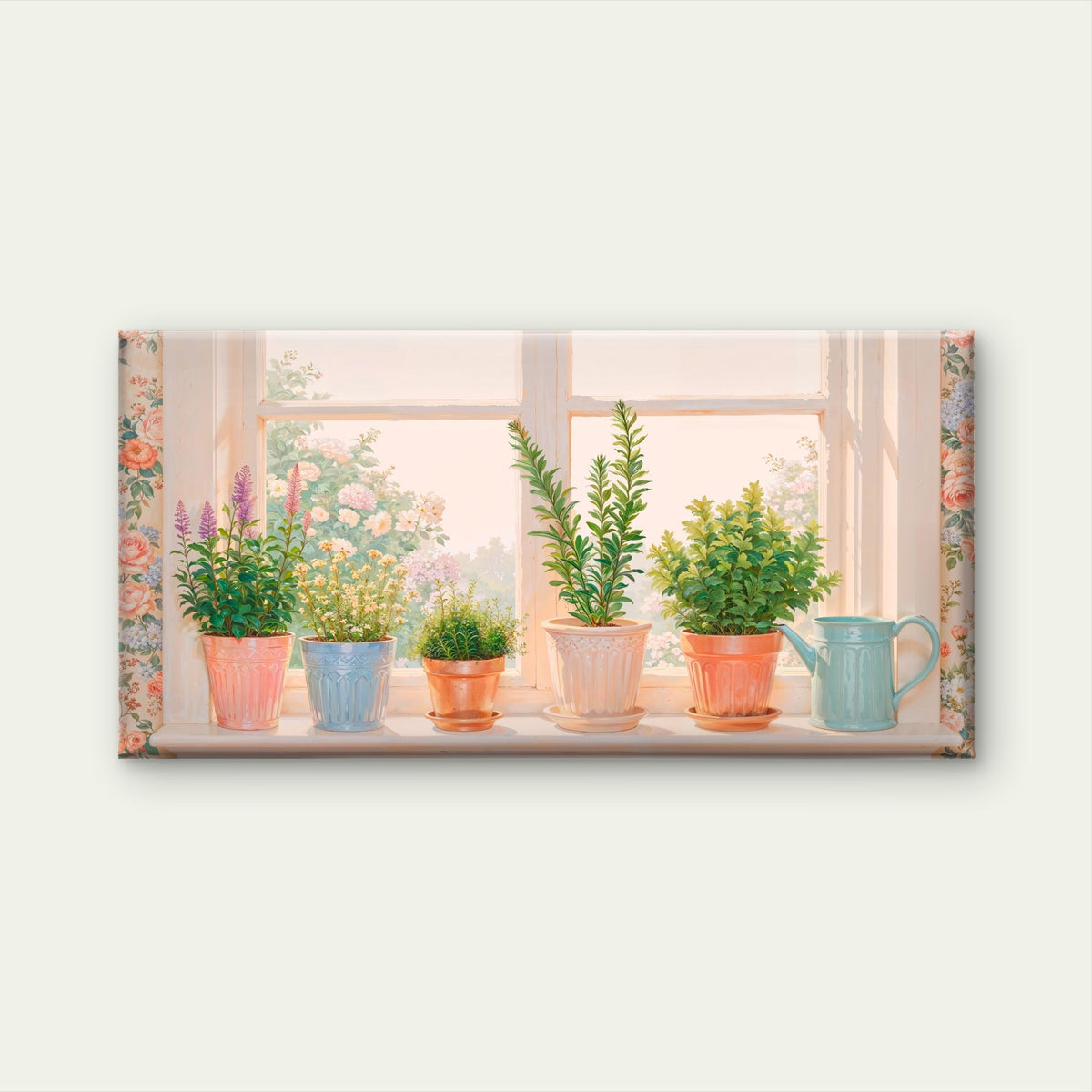 Sunny Windowsill Potted Herbs And Watering Can Coziness Interior Wall Art Canvas Office Home Room Framed 120x60cm