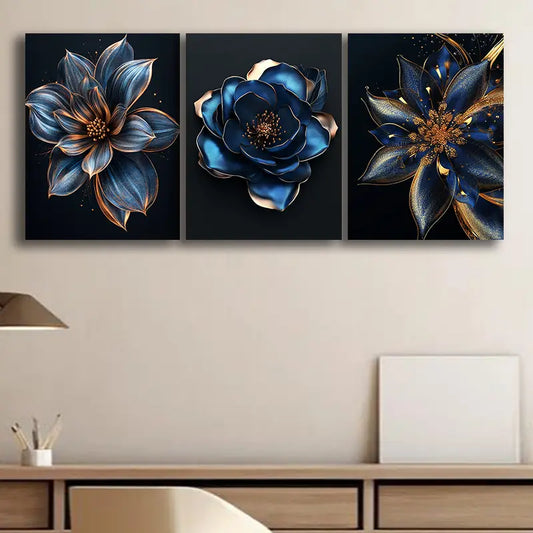 3pcs Blue And Golden Flower Metal Print Ready to Hang Art