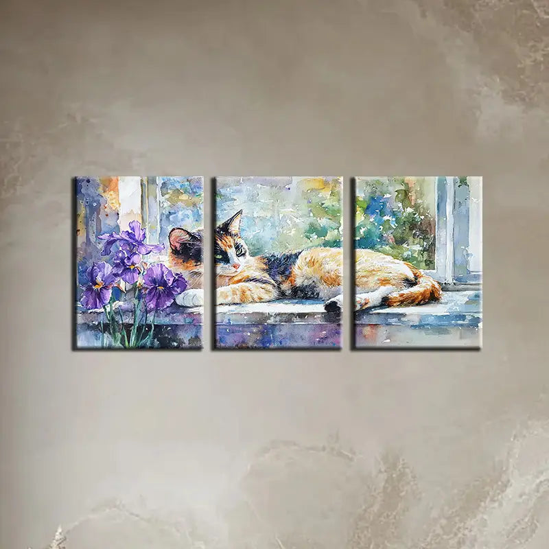 3pcs Watercolor Painting of a Cat on a Windowsill Metal Print Ready to Hang Art