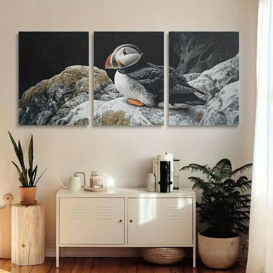 3pcs Puffin on Rocky Shore of New England Metal Print Ready to Hang Art