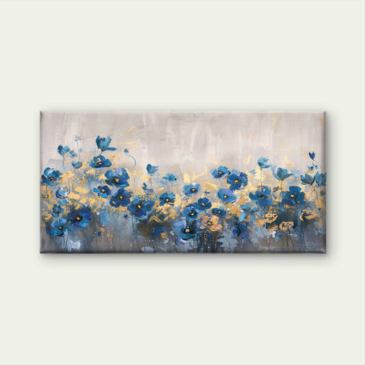 Blue Floral Gold Painting Wall Art Canvas Office Home Room Framed 80x45cm