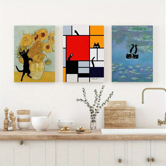 3pcs Featuring a Cat Painting Artistic Essence and Graceful Metal Print Ready to Hang Art