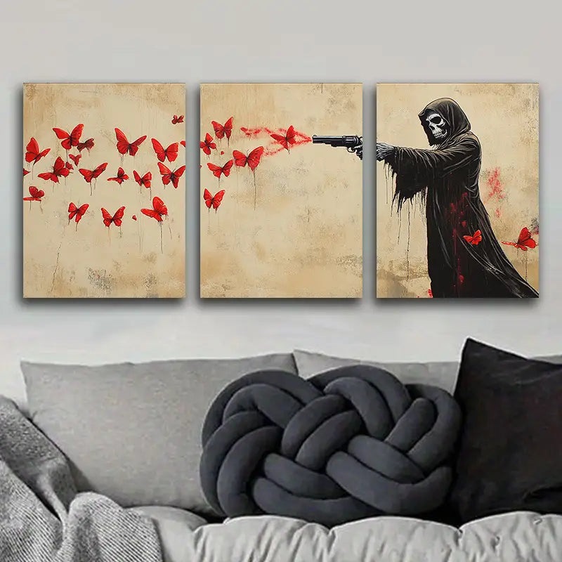 3pcs Death Shooting Red Butterflies Metal Print Ready to Hang Art