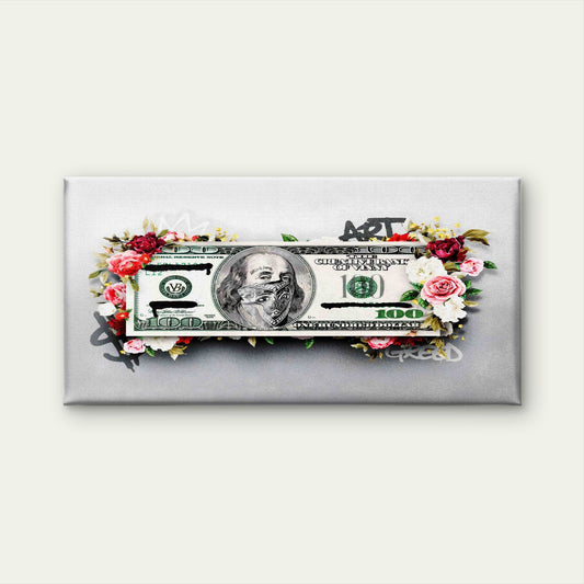Floral One Hundred Dollar Bill Wall Art Canvas Office Home Room Framed 80x45cm