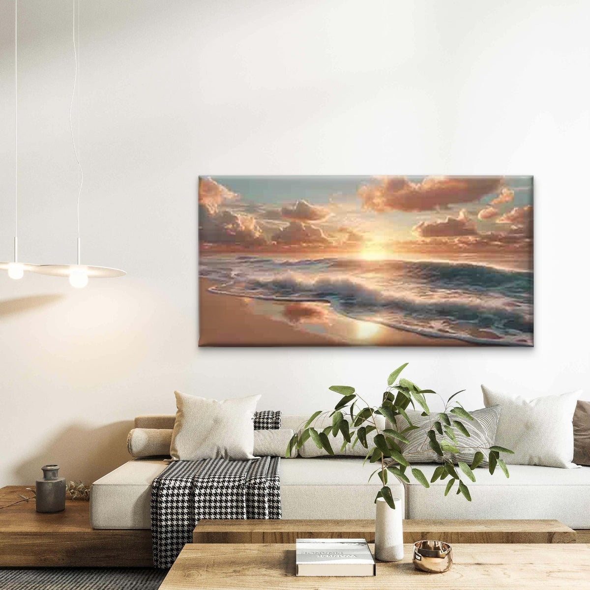 Beach Sunset, with Golden Sun Wall Art Canvas Office Home Room Framed 120x60cm