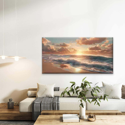 Beach Sunset, with Golden Sun Wall Art Canvas Office Home Room Framed 80x45cm