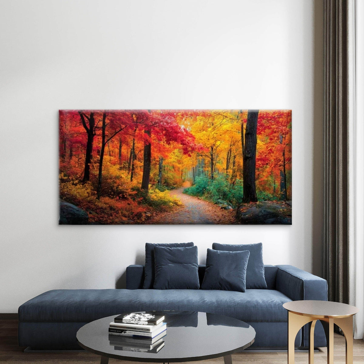 Vibrant Fall Forest Pathway Wall Art Canvas Office Home Room Framed 80x45cm