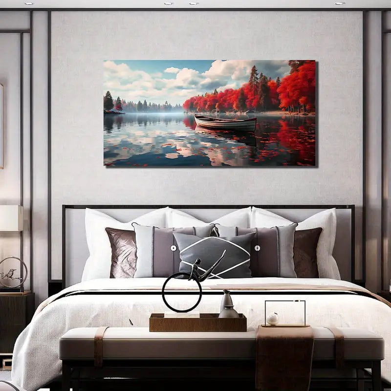 Red Forest White Clouds Blue Sky River Wall Art canvas office home room framed 120x60cm