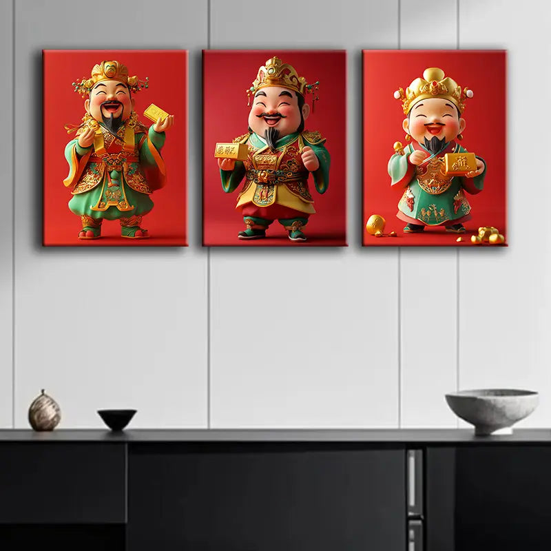3pcs Cute Deity of Wealth Design Metal Print Ready to Hang Art