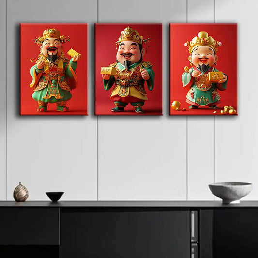 3pcs Cute Deity of Wealth Design Metal Print Ready to Hang Art