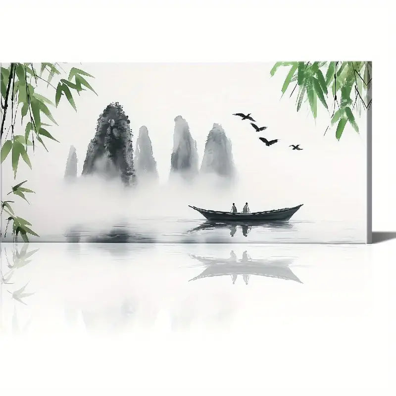 Black & White Mountain Scenery Green Bamboo Wall Art canvas office home room framed 120x60cm