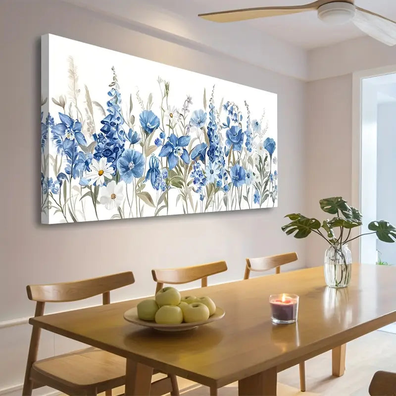 Vibrant Blue Iris & Daisy Modern Botanical Wall Art canvas office home room framed 120x60cm