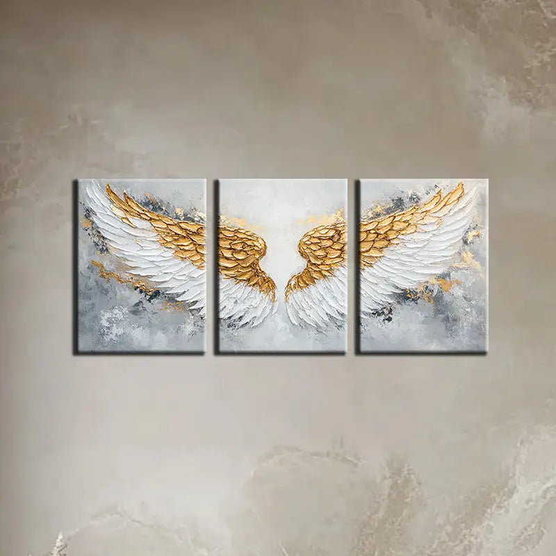 3pcs Abstract White Wings Golden Feather Design Metal Print Ready to Hang Art